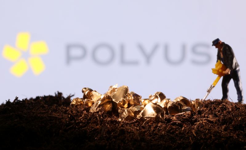 Small toy figure and gold imitation are seen in front of the Polyus logo in this illustration
