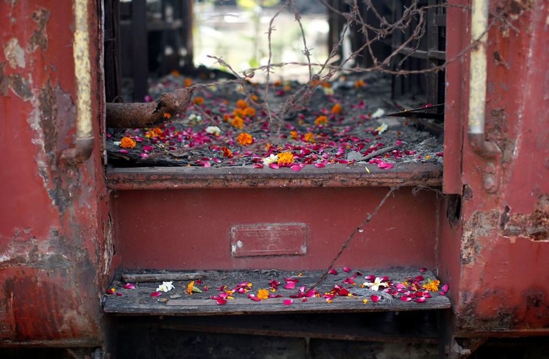 FILE PHOTO: Flower petals scattered by the relatives of Godhra riots victims are pictured at the doorsteps of a train carriage in the western Indian state of Gujarat