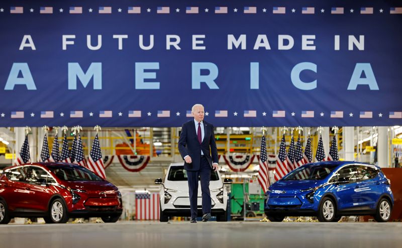 U.S. President Joe Biden delivers remarks after touring the General Motors 'Factory ZERO' electric vehicle assembly plant in Detroit