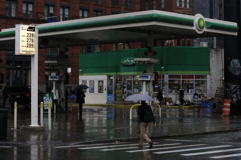 Gas prices are displayed on the sign of BP gas station in New York