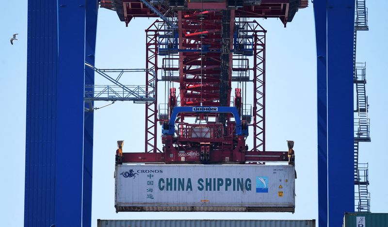 FILE PHOTO: A container of China Shipping is loaded at a loading terminal in the port of Hamburg