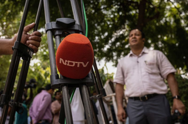 New Delhi Television (NDTV) microphone is seen on roadside in New Delhi
