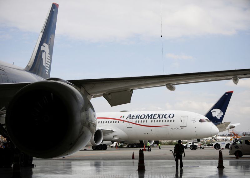 Planes of the Mexican airline Aeromexico in hangars at Benito Juarez International airport in Mexico City