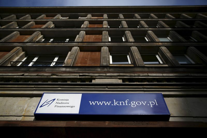FILE PHOTO: Logo of Poland's KNF regulator is pictured on their headquarters in Warsaw