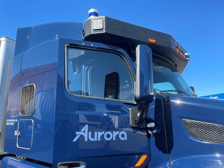 A Peterbilt 579 truck equipped with Aurora's self-driving system is seen at the company's terminal in Palmer