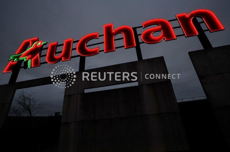 The logo of Auchan supermarket is pictured in Saint-Sebastien-sur-Loire