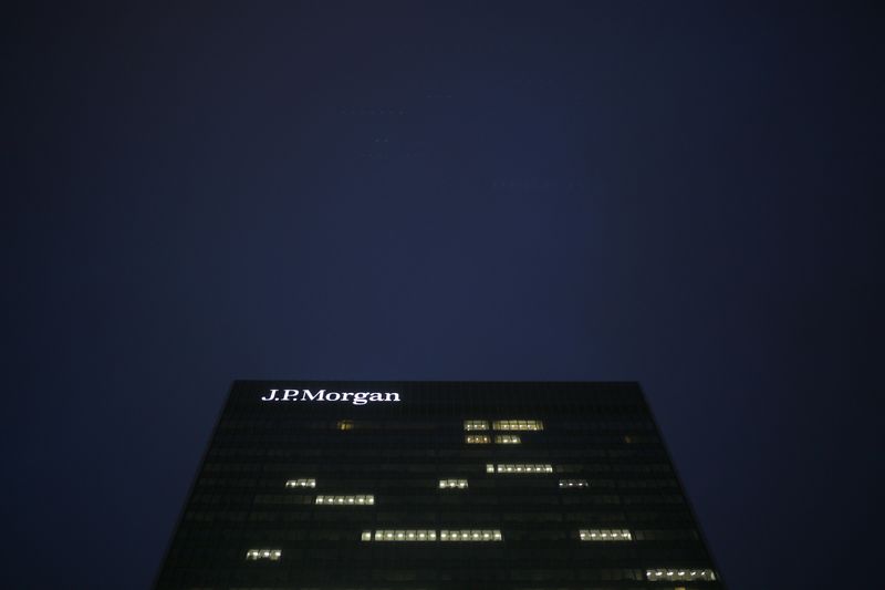 The J P Morgan buiding in Canary Wharf is seen in the early morning in London