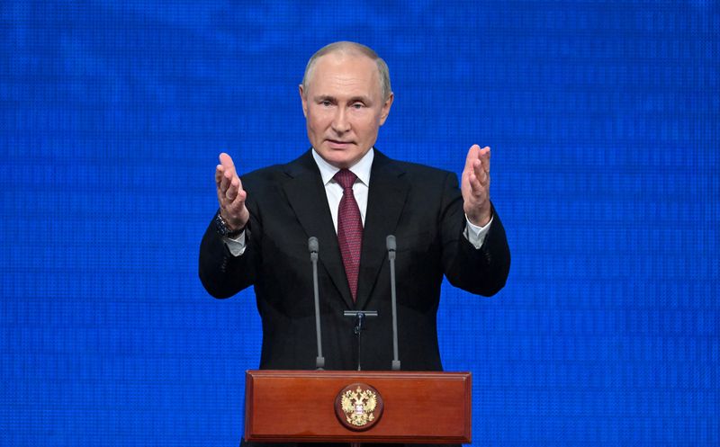 Il presidente russo Vladimir Putin durante un discorso a Mosca