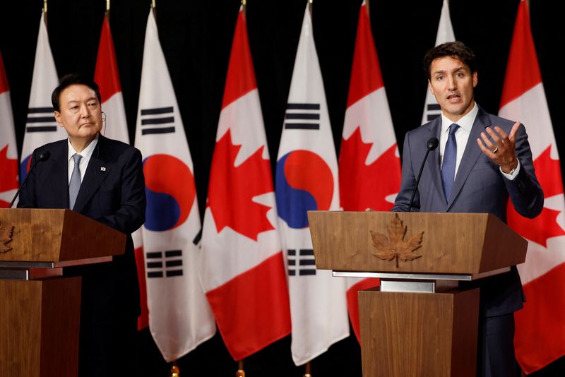 South Korean President Yoon Suk-yeol and Canada's Prime Minister Justin Trudeau take part in a news conference in Ottawa