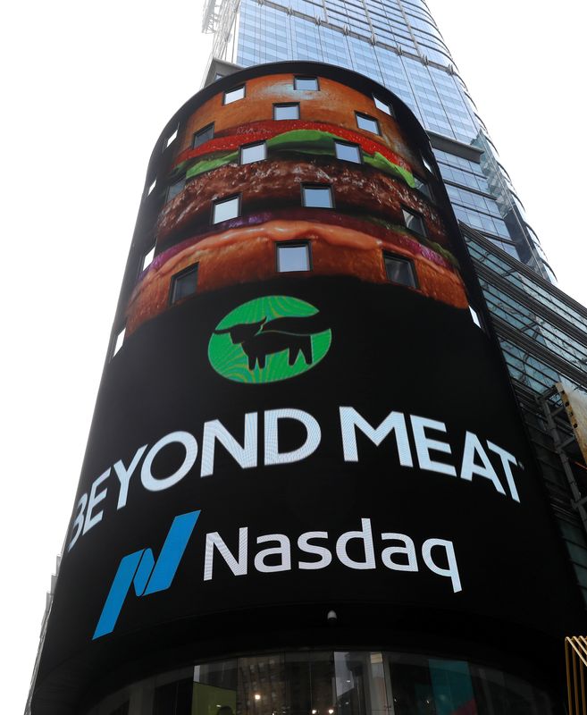 Digital display shows Beyond Meat (BYND) listed on the NASDAQ stock exchange during the company's IPO in New York