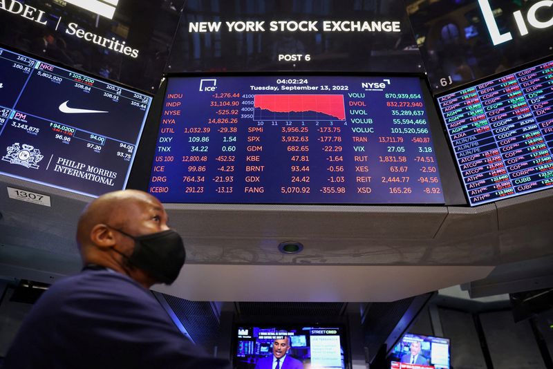 FILE PHOTO: A trader stands beneath a screen on the trading floor displaying the Dow Jones Industrial Average at the New York Stock Exchange (NYSE) in Manhattan, New York City