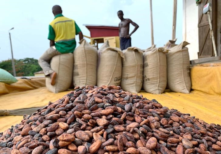 Cocoa beans are pictured next to a warehouse at the village of Atroni, near Sunyani