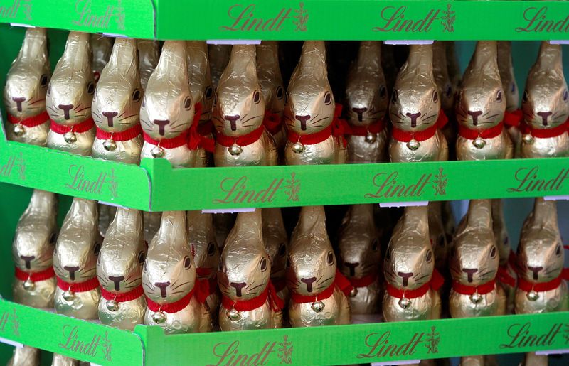 FILE PHOTO: Gold-wrapped Easter chocolate bunnies are displayed during the annual news conference of Swiss chocolatier Lindt & Spruengli in Kilchberg near Zurich