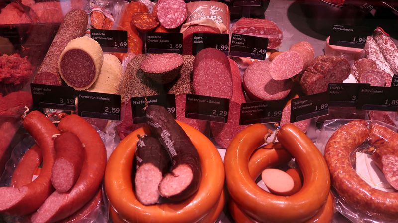 FILE PHOTO: Sausages are displayed in a supermarket in Berlin