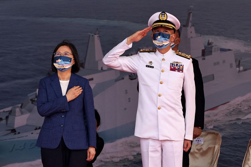 Taiwan President Tsai Ing-wen attends a delivery ceremony for the Navy's Yushan amphibious landing dock in Kaohsiung