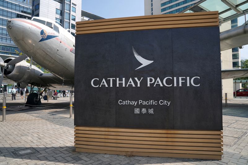 FILE PHOTO: Sign of Cathay Pacific is seen at its  headquarters Cathay City in Hong Kong