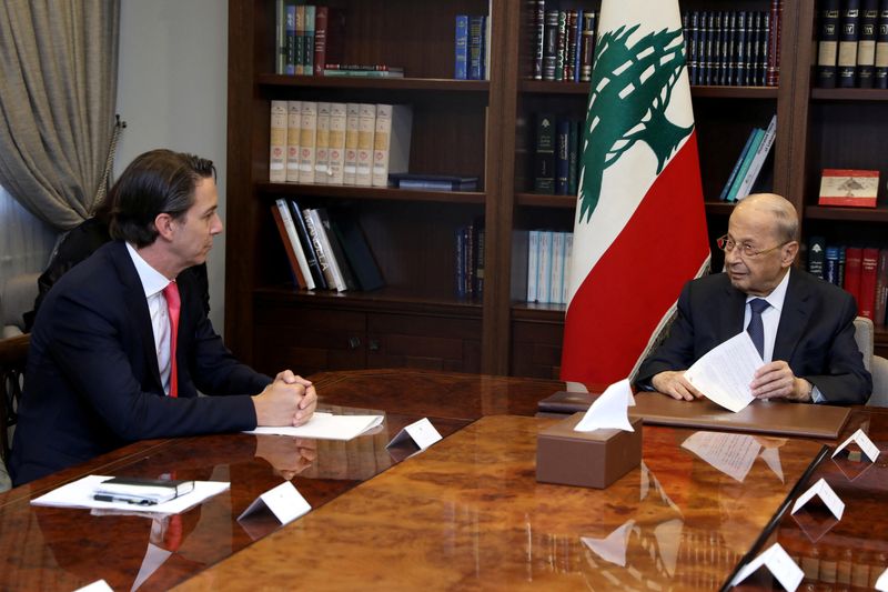 Lebanon's President Michel Aoun meets with U.S. Senior Advisor for Energy Security Amos Hochstein at the presidential palace in Baabda