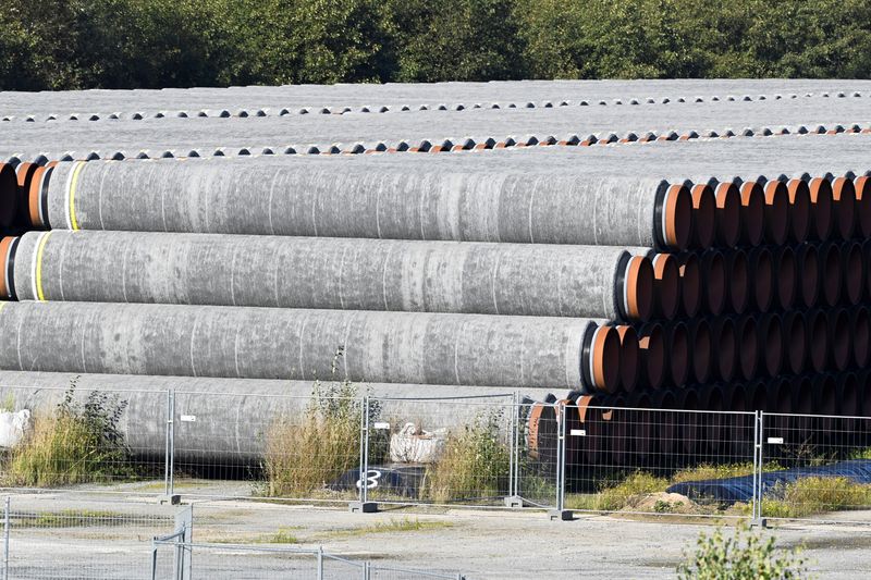 FILE PHOTO: Pipes for the Nord Stream 2 gas pipeline in the Baltic Sea, which are not used, are seen in the harbour of Mukran