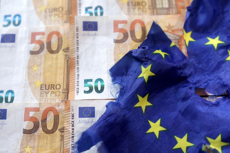 FILE PHOTO: Illustration shows Euro banknotes and torn EU flag