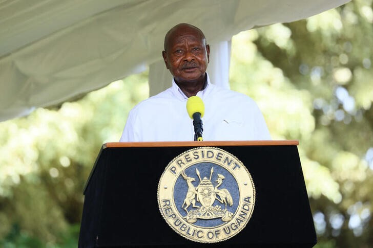 Ugandan President Museveni attends a news conference in Entebbe
