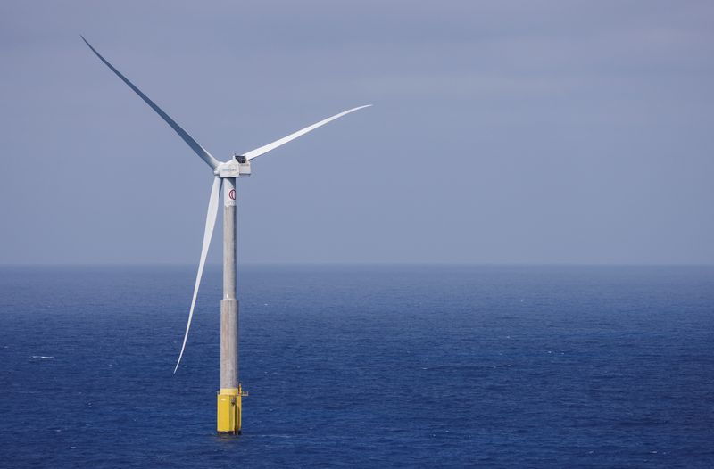 FILE PHOTO: An offshore wind turbine of the Siemens Gamesa company is seen from the Telde coast on the island of Gran Canaria