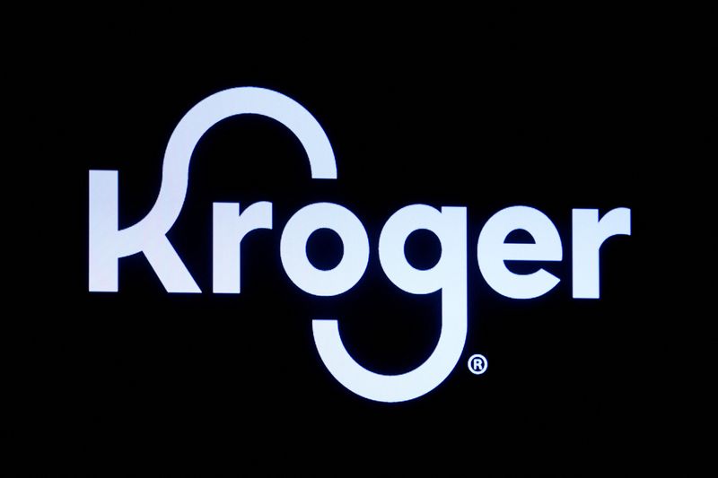 FILE PHOTO: A screen displays the company logo for Kroger Co on the floor of the NYSE in New York