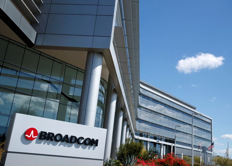 FILE PHOTO: The Broadcom Limited company logo is shown outside one of their office complexes in Irvine, California