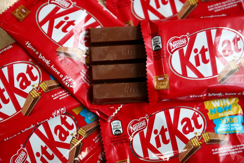 FILE PHOTO: Kit Kat chocolate covered wafer bars manufactured by Nestle are seen in London