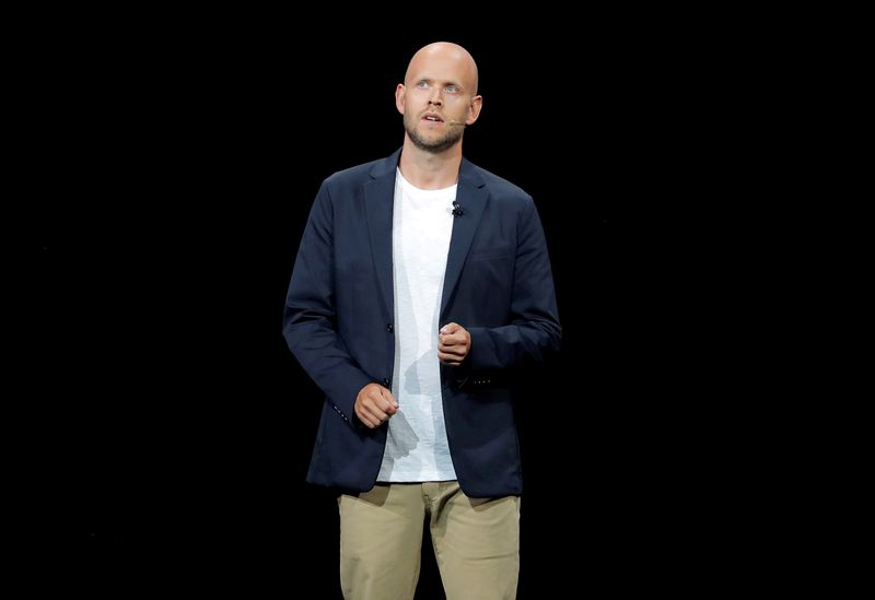 FILE PHOTO: Daniel Ek, CEO of Spotify speaks at a Samsung product launch event in Brooklyn
