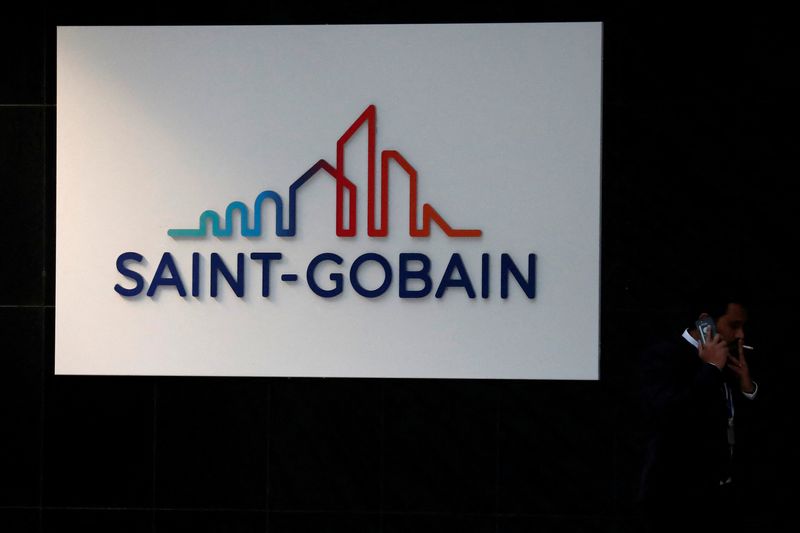 FILE PHOTO: The Saint-Gobain logo is seen on the company headquarters building at the La Defense business district in Courbevoie