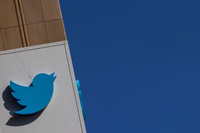 FOTO DE ARCHIVO: El logotipo de Twitter se ve fuera de la sede de la compañía en San Francisco