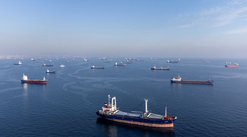 Commercial vessels including vessels which are part of Black Sea grain deal wait to pass the Bosphorus strait off the shores of Yenikapi in Istanbul