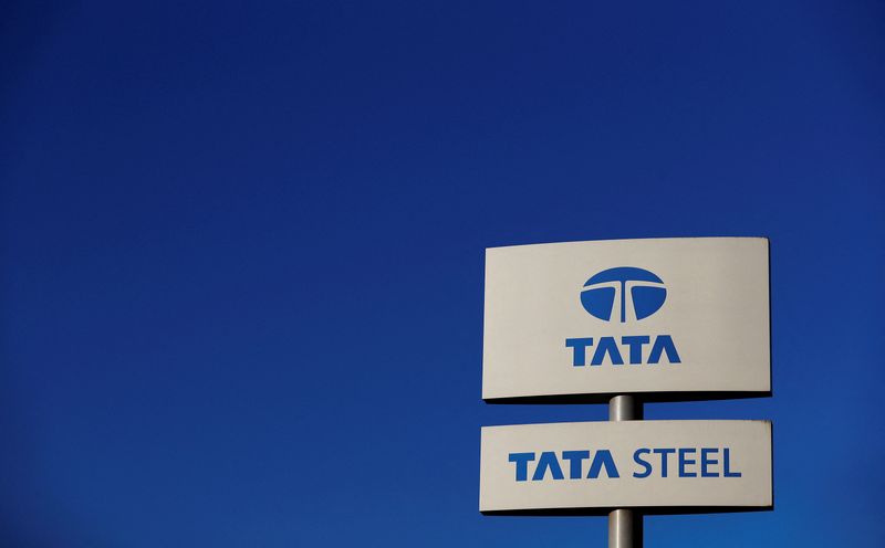 FILE PHOTO: A company logo is seen outside the Tata steelworks near Rotherham in Britain