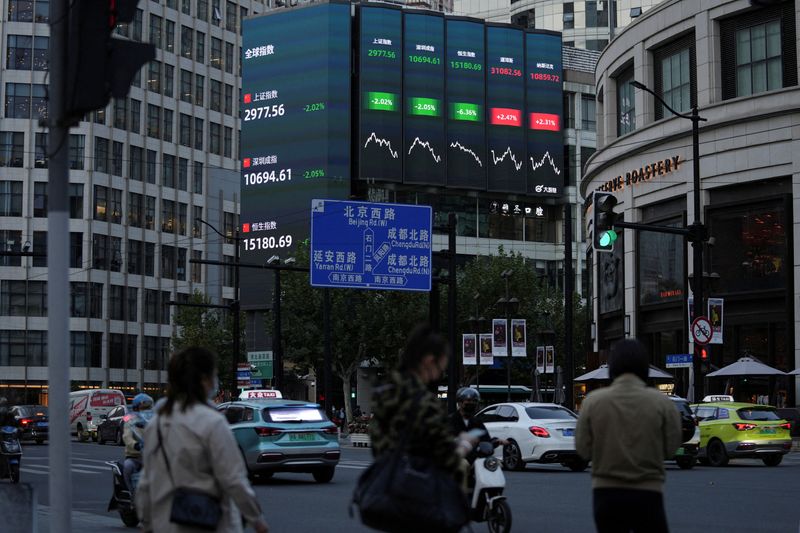 FILE PHOTO: A giant display of stock indexes in Shanghai