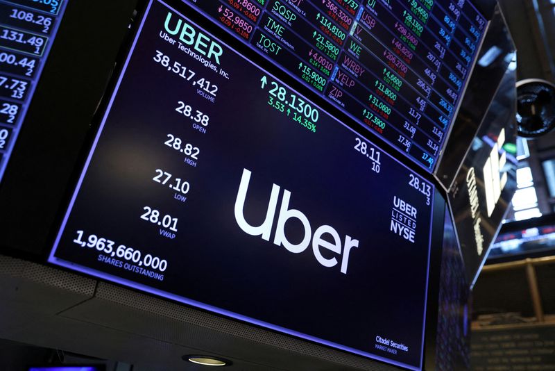 FILE PHOTO: The Uber logo is seen on the trading floor at the New York Stock Exchange (NYSE) in Manhattan, New York City
