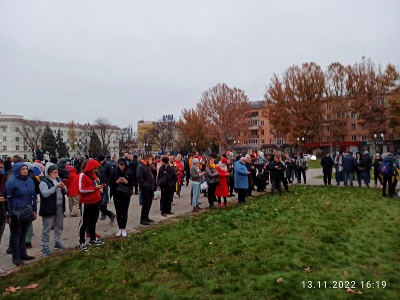 People gather in the central square of Kherson
