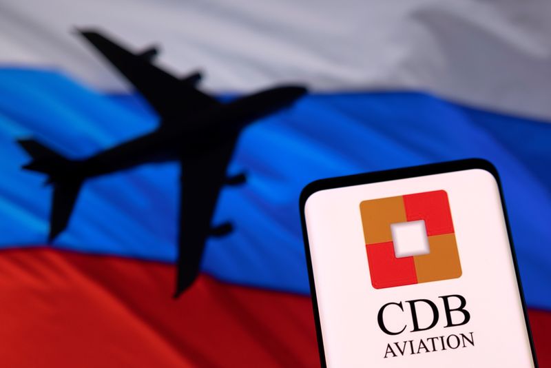 Illustration shows CDB Aviation logo displayed in front of the model of an airplane and a Russian flag
