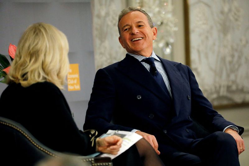 FILE PHOTO: Robert Iger, Chairman and CEO at The Walt Disney Company, sits with moderator Diane Sawyer of ABC News as he speaks to the Economic Club of New York