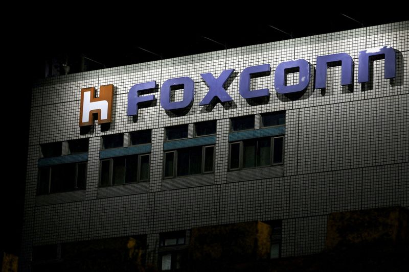 FILE PHOTO: The logo of Foxconn is seen outside a building in Taipei