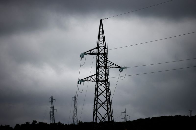 FILE PHOTO: Electrical power pylons of high-tension electricity power lines in Castiglione della Valle