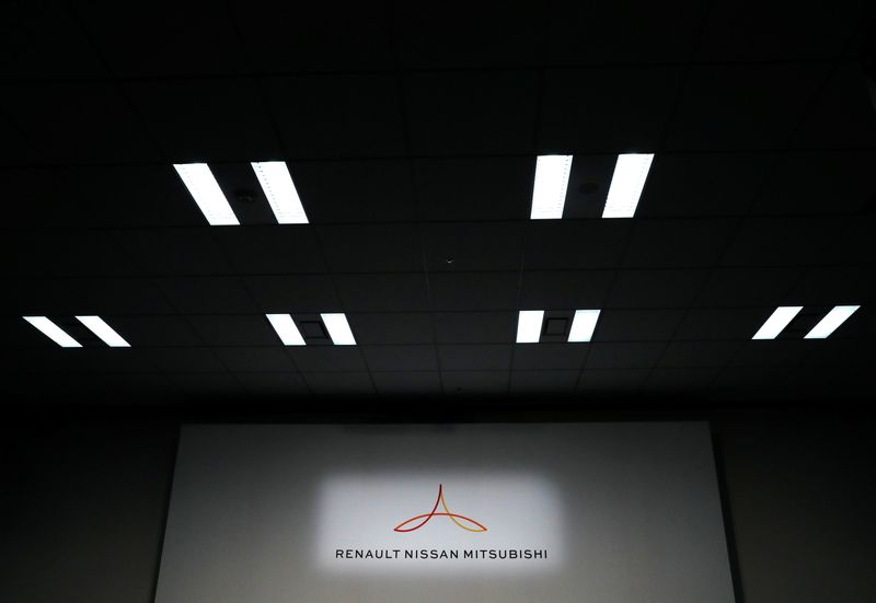 FILE PHOTO: The logo of the Renault-Nissan-Mitsubishi alliance is pictured at a joint news conference in Yokohama