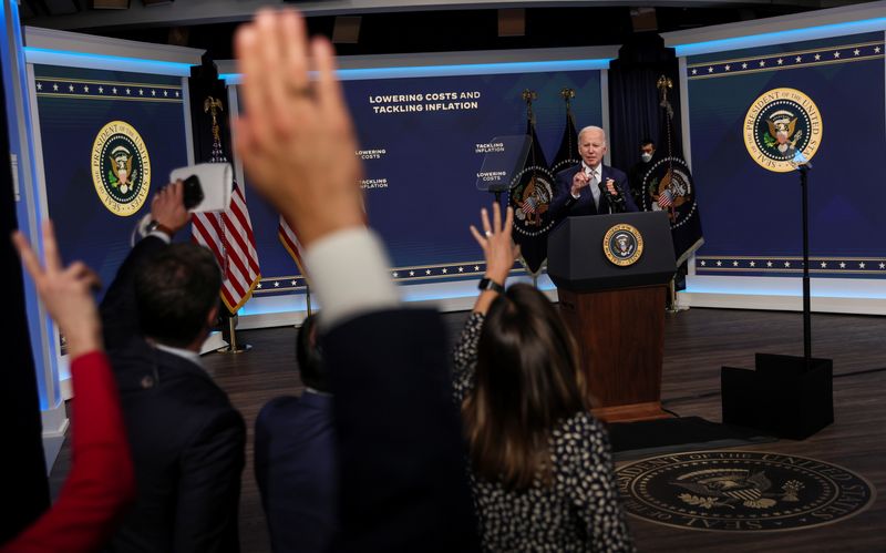 U.S. President Biden discusses administration plans to fight inflation and lower costs during speech at the White House in Washington