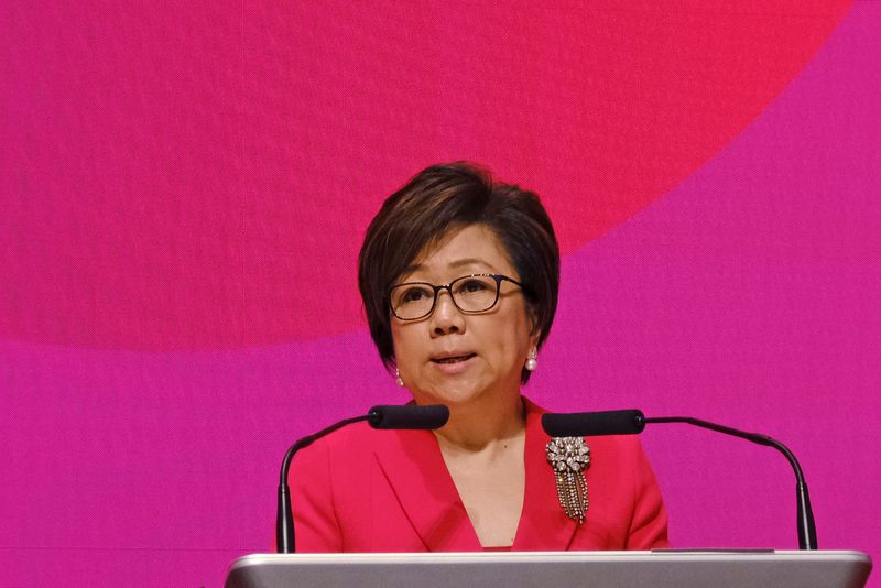 FILE PHOTO: Hong Kong Exchanges and Clearing Ltd (HKEX) chairman Laura Cha Shih May-lung speaks during a ceremony marking the first day of trade after Lunar New Year at the Hong Kong stock exchange in Hong Kong