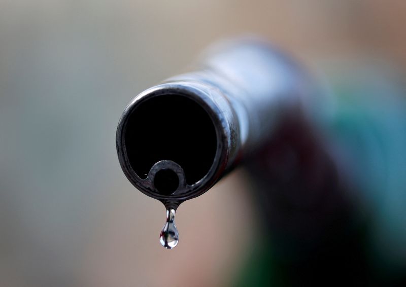 FILE PHOTO: A drop of diesel is seen at the tip of a nozzle in a petrol station in Nice