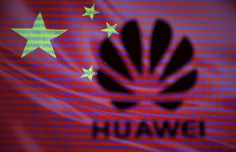 A 3-D printed Huawei logo is seen in front of displayed flag of China and cyber code in this illustration