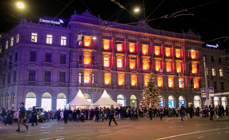 FILE PHOTO: Christmas illuminations are seen at the headquarters of Swiss bank Credit Suisse in Zurich