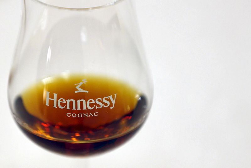 A glass of rare Cognac is displayed at the Hennessy factory in Cognac, France
