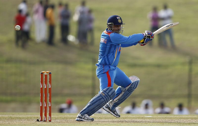 India's Sehwag plays a shot during the first One Day International cricket match against Sri Lanka in Hambantota