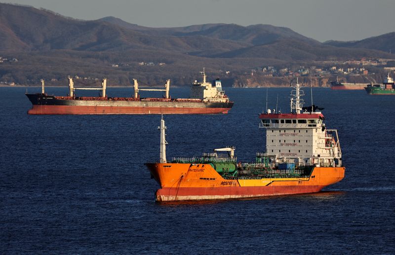 FILE PHOTO: A crude oil tanker and a bulk carrier sail in Nakhodka Bay