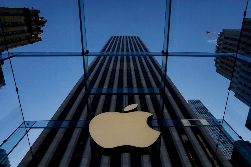 FILE PHOTO: The Apple logo is seen during the preview of the redesigned and reimagined Apple Fifth Avenue store in New York